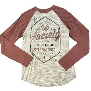 Society Clothing Burgundy and Gray Heathered Long Sleeve Baseball Shirt Medium